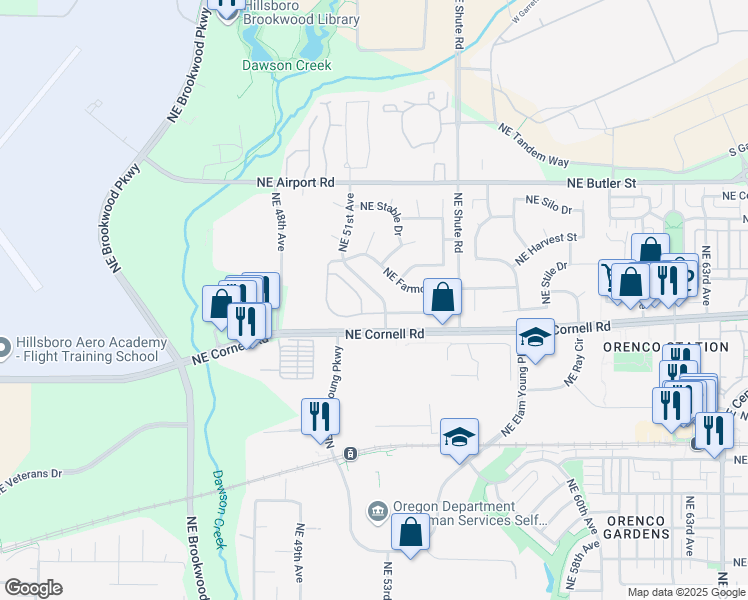 map of restaurants, bars, coffee shops, grocery stores, and more near 1225 Northeast 51st Avenue in Hillsboro