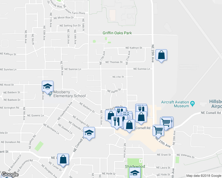 map of restaurants, bars, coffee shops, grocery stores, and more near 1950 Northeast Darby Street in Hillsboro