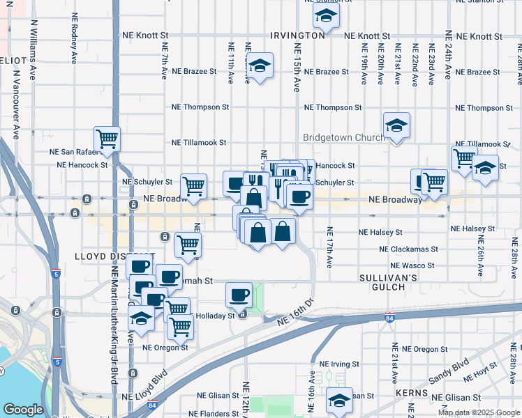 map of restaurants, bars, coffee shops, grocery stores, and more near 1200 Northeast Broadway in Portland