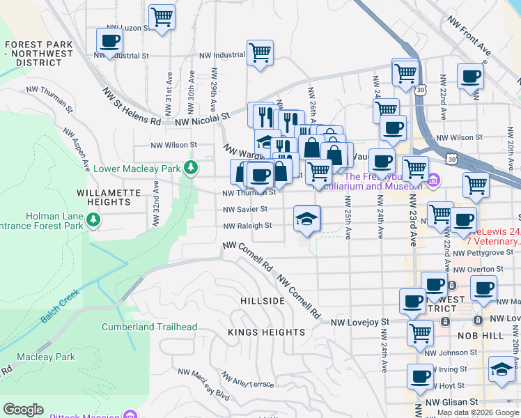 map of restaurants, bars, coffee shops, grocery stores, and more near 2769 NW Savier St in Portland