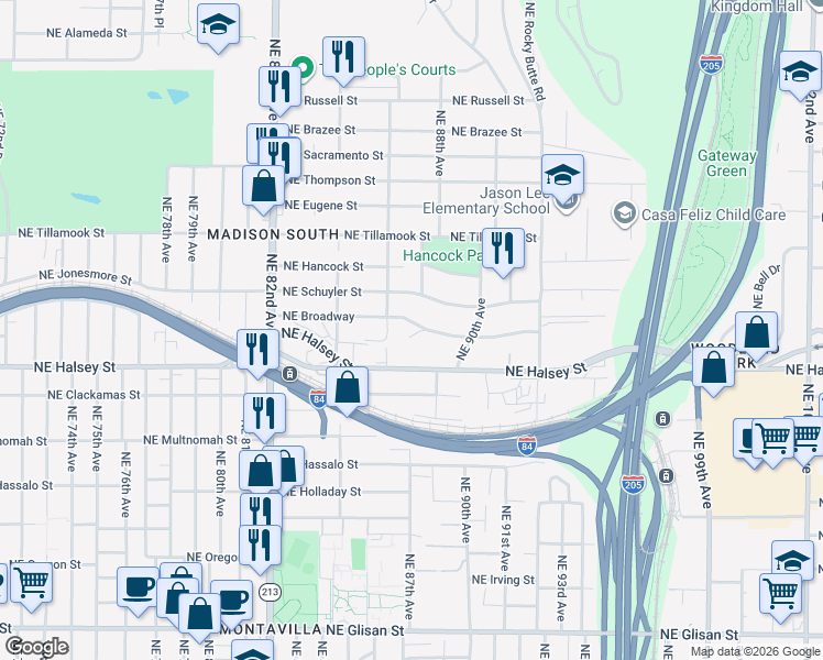 map of restaurants, bars, coffee shops, grocery stores, and more near 1528 Northeast 86th Avenue in Portland