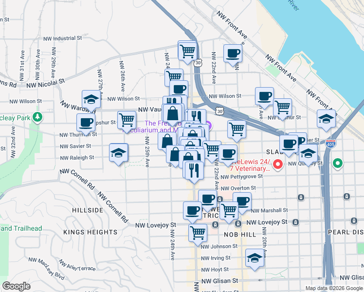 map of restaurants, bars, coffee shops, grocery stores, and more near 2356 Northwest Raleigh Street in Portland