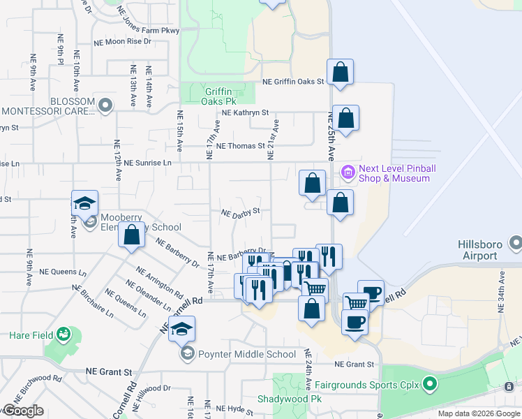 map of restaurants, bars, coffee shops, grocery stores, and more near 2060 Northeast Darby Street in Hillsboro