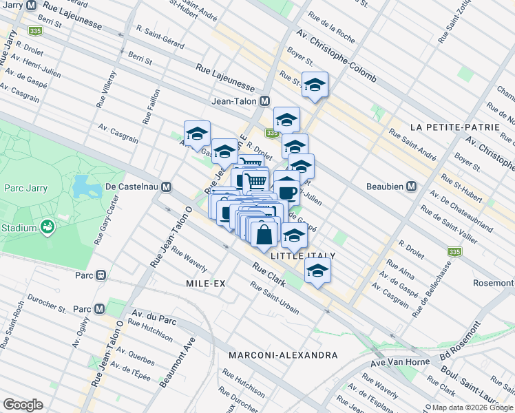 map of restaurants, bars, coffee shops, grocery stores, and more near 6991 Avenue Casgrain in Montréal