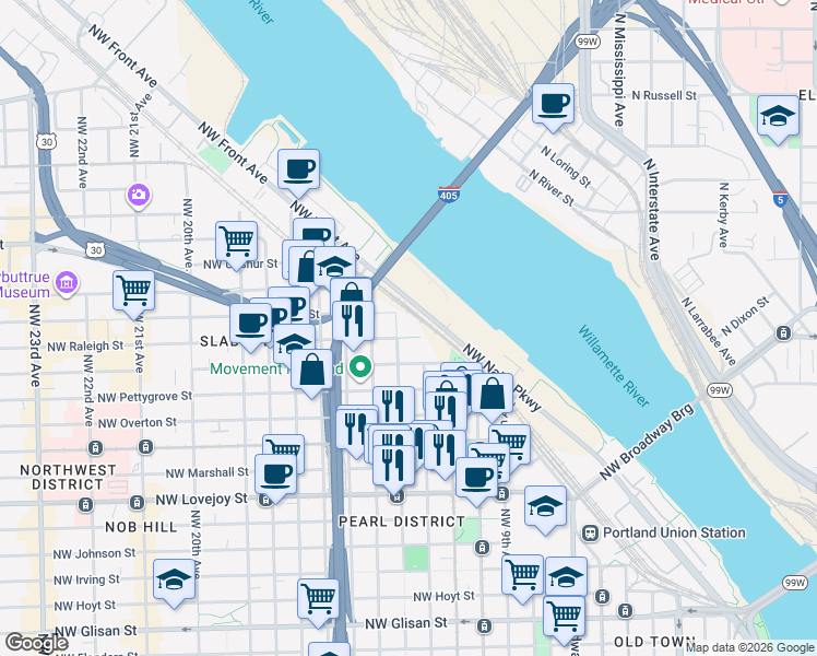 map of restaurants, bars, coffee shops, grocery stores, and more near 1650 Northwest 13th Avenue in Portland