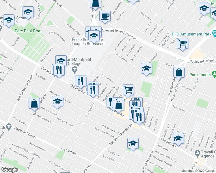 map of restaurants, bars, coffee shops, grocery stores, and more near 142 Rue Leblanc Est in Longueuil