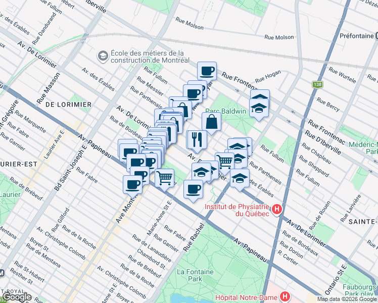 map of restaurants, bars, coffee shops, grocery stores, and more near 4405 Avenue de Lorimier in Montréal