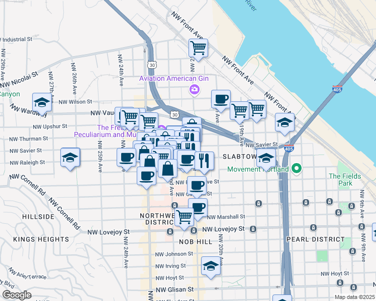 map of restaurants, bars, coffee shops, grocery stores, and more near 2275 Northwest Savier Street in Portland