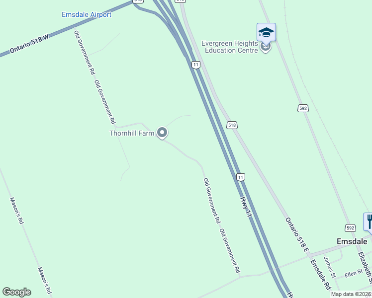 map of restaurants, bars, coffee shops, grocery stores, and more near 191 Old Government Road in Emsdale