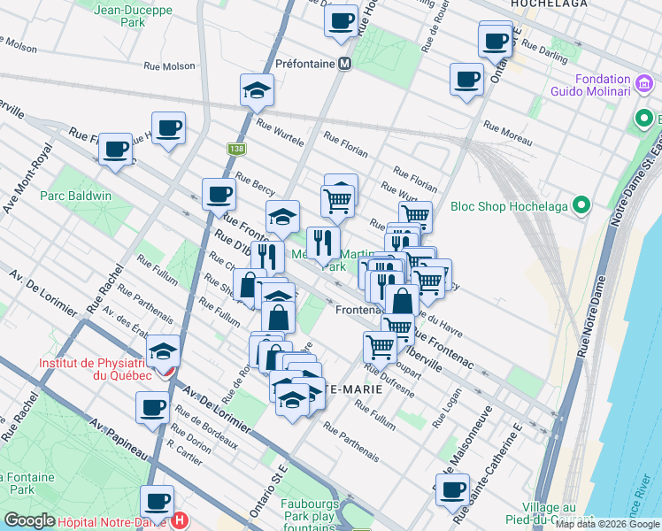 map of restaurants, bars, coffee shops, grocery stores, and more near 2584 Rue de Rouen in Montréal