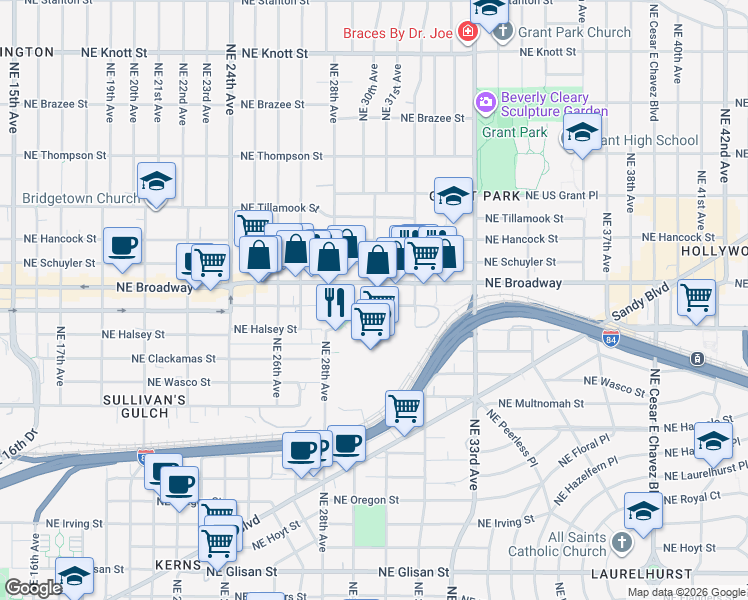 map of restaurants, bars, coffee shops, grocery stores, and more near 1580 Northeast 32nd Avenue in Portland