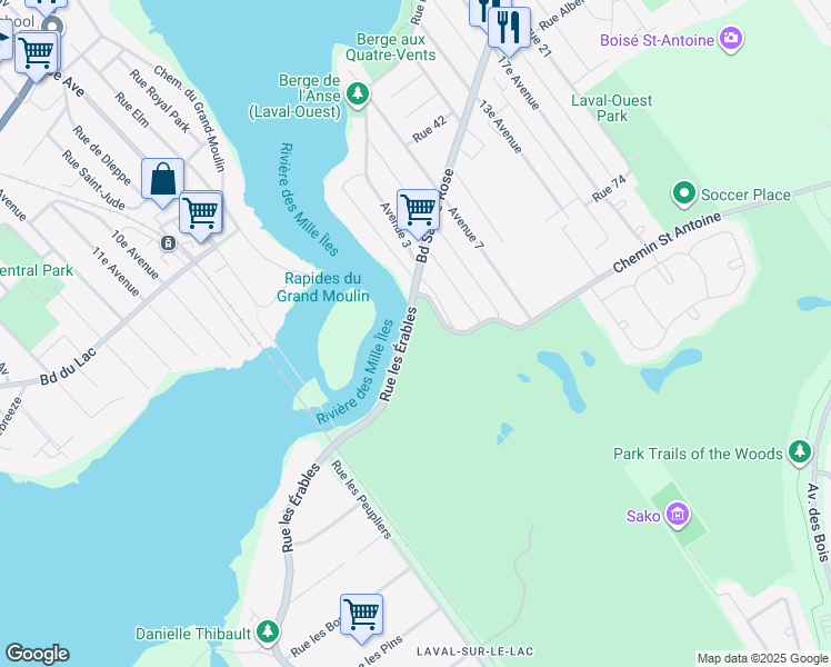 map of restaurants, bars, coffee shops, grocery stores, and more near 1300 Rue les Érables in Laval