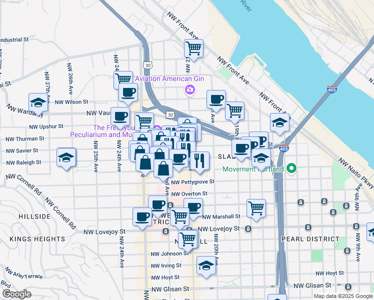map of restaurants, bars, coffee shops, grocery stores, and more near 2170 Northwest Raleigh Street in Portland