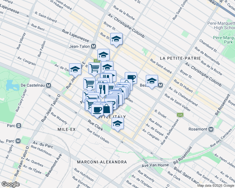 map of restaurants, bars, coffee shops, grocery stores, and more near 6764 Avenue Henri-Julien in Montréal