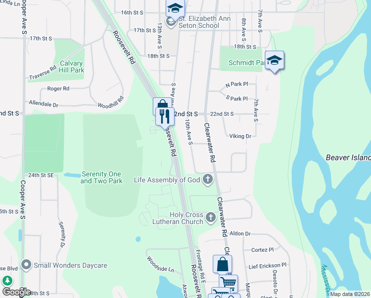 map of restaurants, bars, coffee shops, grocery stores, and more near 2311 10th Avenue South in St. Cloud