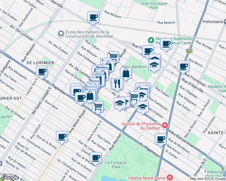 map of restaurants, bars, coffee shops, grocery stores, and more near 4405 Avenue De Lorimier in Montréal