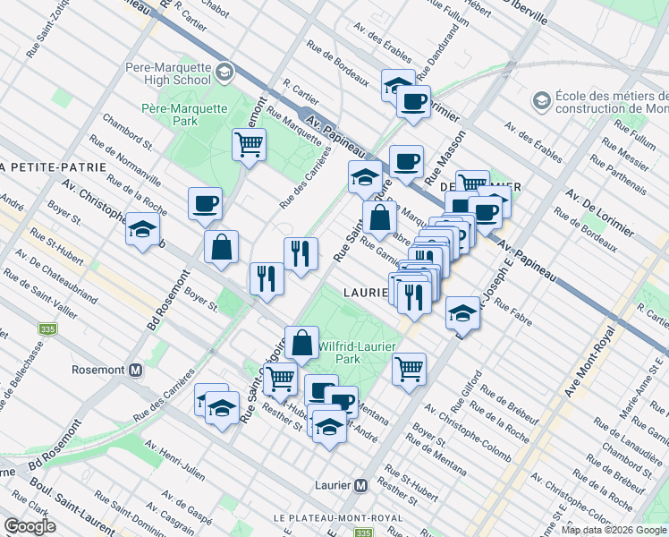 map of restaurants, bars, coffee shops, grocery stores, and more near 5380 Rue Chambord in Montréal