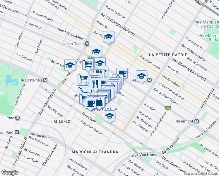 map of restaurants, bars, coffee shops, grocery stores, and more near 6764 Avenue Henri-Julien in Montréal