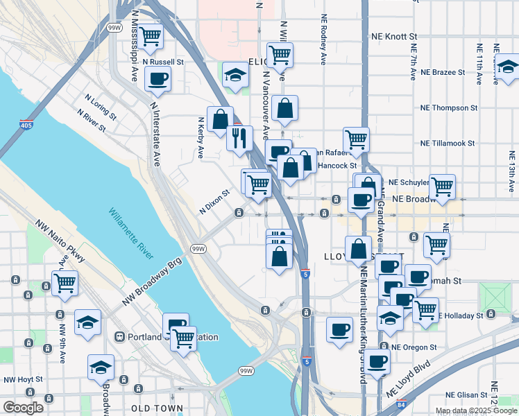 map of restaurants, bars, coffee shops, grocery stores, and more near in Portland