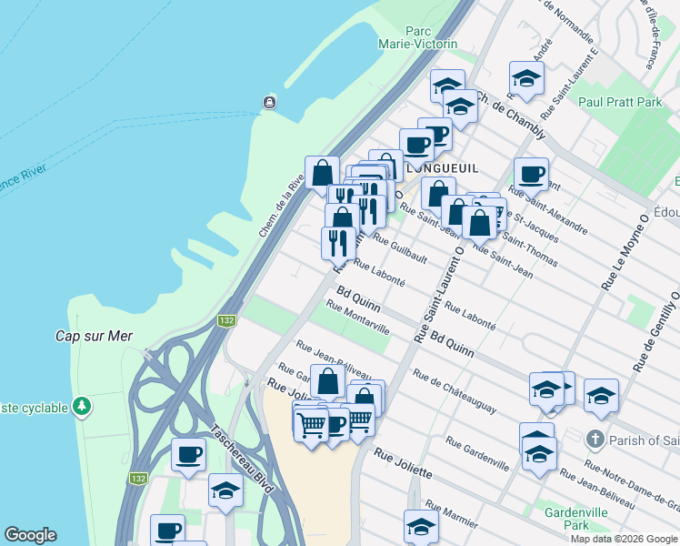 map of restaurants, bars, coffee shops, grocery stores, and more near 480 Rue Saint-Charles Ouest in Longueuil