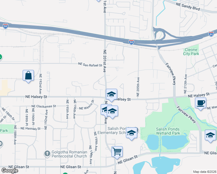 map of restaurants, bars, coffee shops, grocery stores, and more near 1620 Northeast 201st Avenue in Fairview