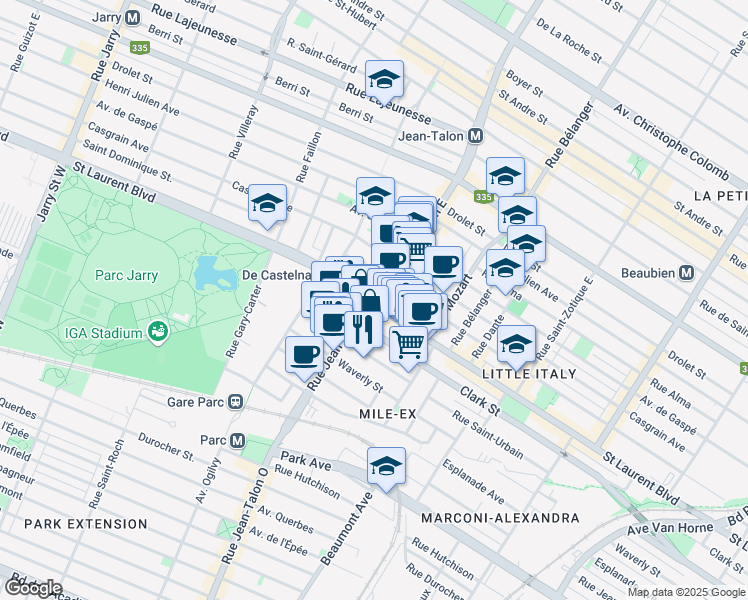 map of restaurants, bars, coffee shops, grocery stores, and more near in Montreal