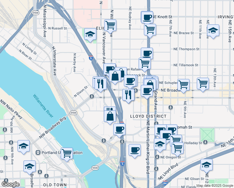 map of restaurants, bars, coffee shops, grocery stores, and more near 33 Northeast Victoria Avenue in Portland