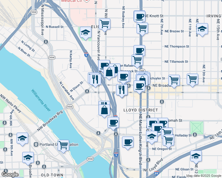 map of restaurants, bars, coffee shops, grocery stores, and more near 84 Northeast Weidler Street in Portland