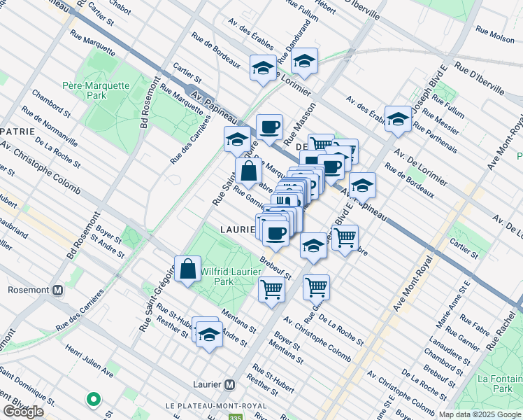 map of restaurants, bars, coffee shops, grocery stores, and more near 5228 Rue Garnier in Montréal