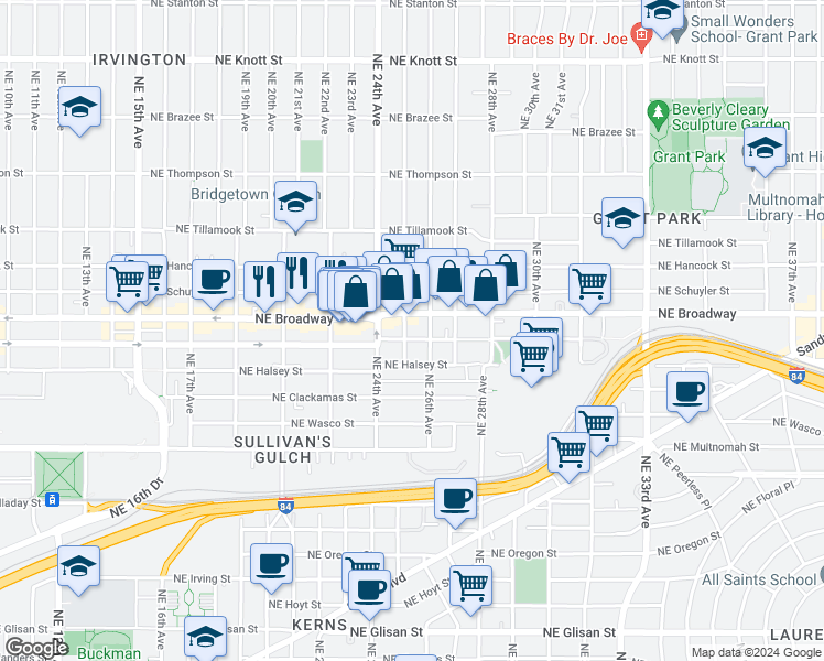 map of restaurants, bars, coffee shops, grocery stores, and more near 2509 Northeast Weidler Street in Portland