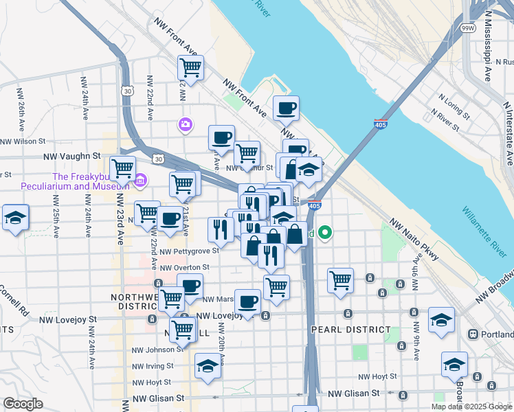 map of restaurants, bars, coffee shops, grocery stores, and more near in Portland