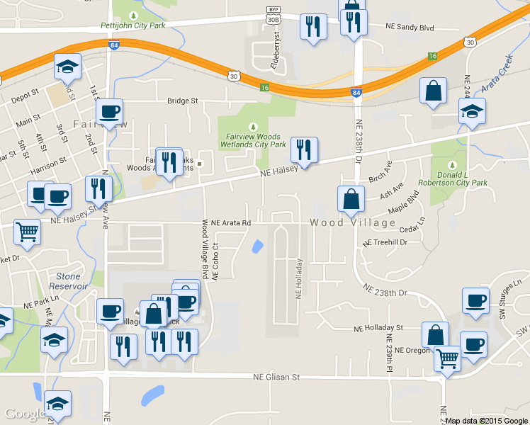 map of restaurants, bars, coffee shops, grocery stores, and more near 23172 W Arata Rd in Wood Village