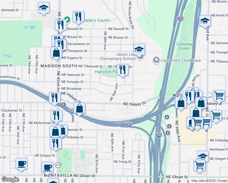 map of restaurants, bars, coffee shops, grocery stores, and more near 1602 Northeast 90th Avenue in Portland