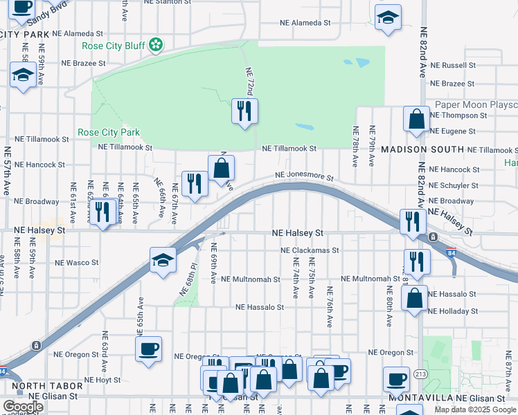 map of restaurants, bars, coffee shops, grocery stores, and more near 1514 Northeast 72nd Avenue in Portland