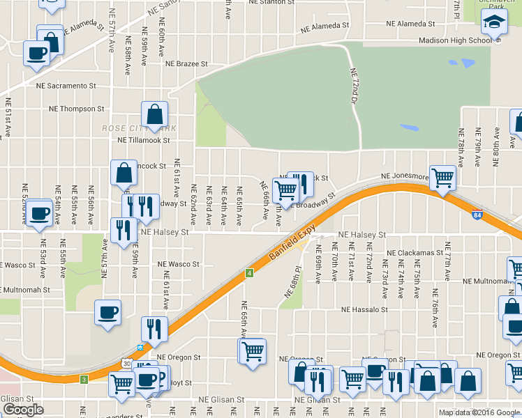 map of restaurants, bars, coffee shops, grocery stores, and more near 1566 Northeast 66th Avenue in Portland
