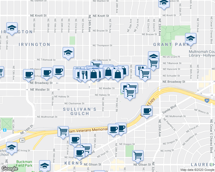 map of restaurants, bars, coffee shops, grocery stores, and more near 2619 Northeast Halsey Street in Portland
