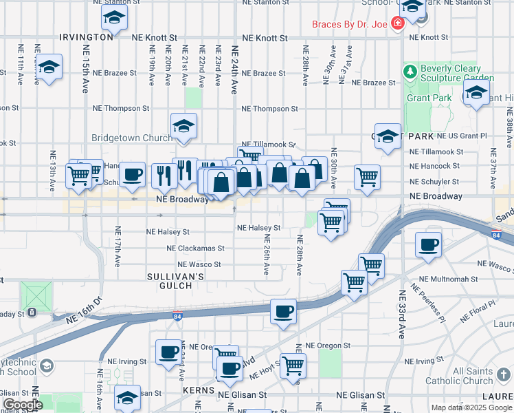 map of restaurants, bars, coffee shops, grocery stores, and more near 2505-2511 Northeast Halsey Street in Portland