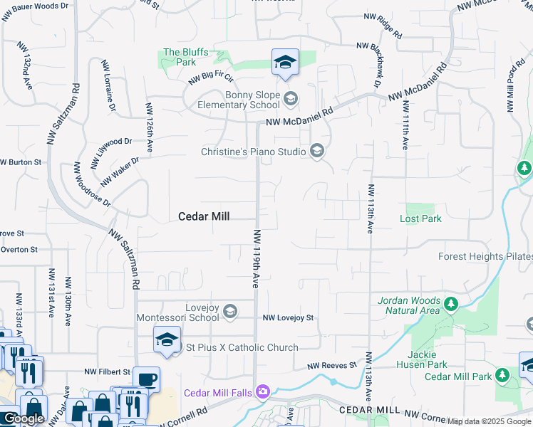 map of restaurants, bars, coffee shops, grocery stores, and more near 1950 Northwest 119th Avenue in Portland