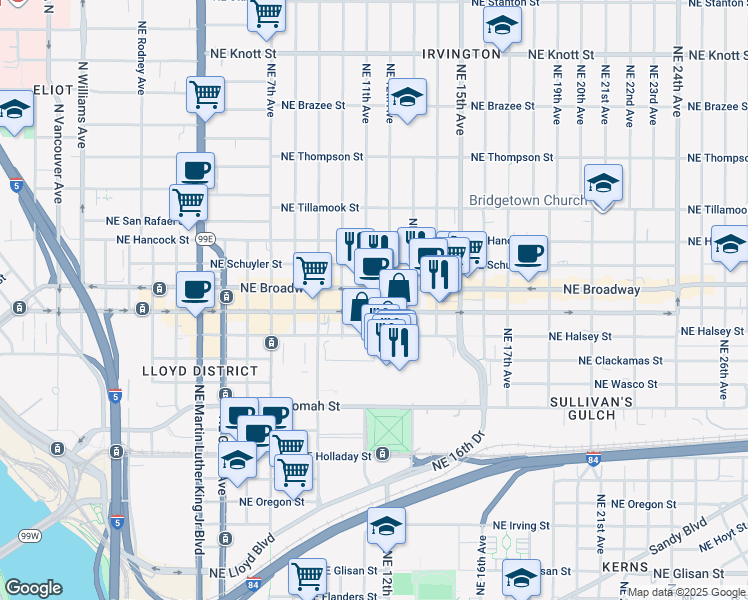 map of restaurants, bars, coffee shops, grocery stores, and more near 1200 Northeast Broadway in Portland