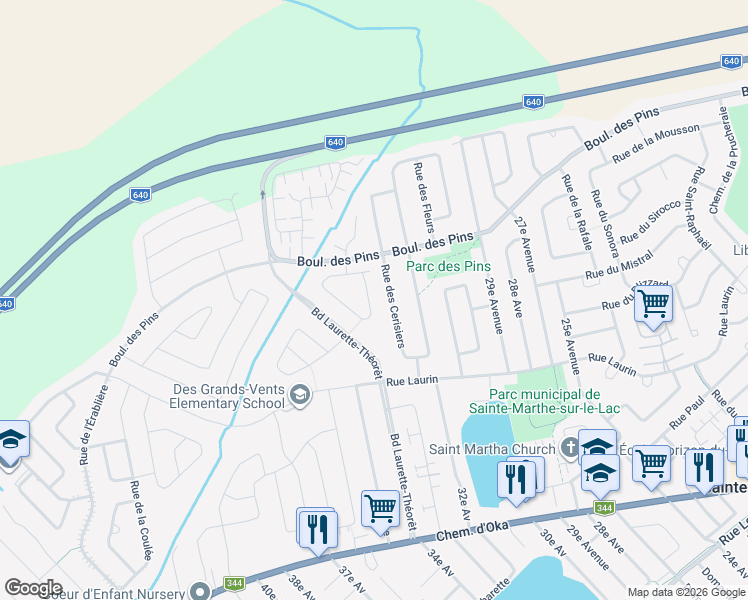 map of restaurants, bars, coffee shops, grocery stores, and more near 341 Rue du Merlot in Sainte-Marthe-sur-le-Lac