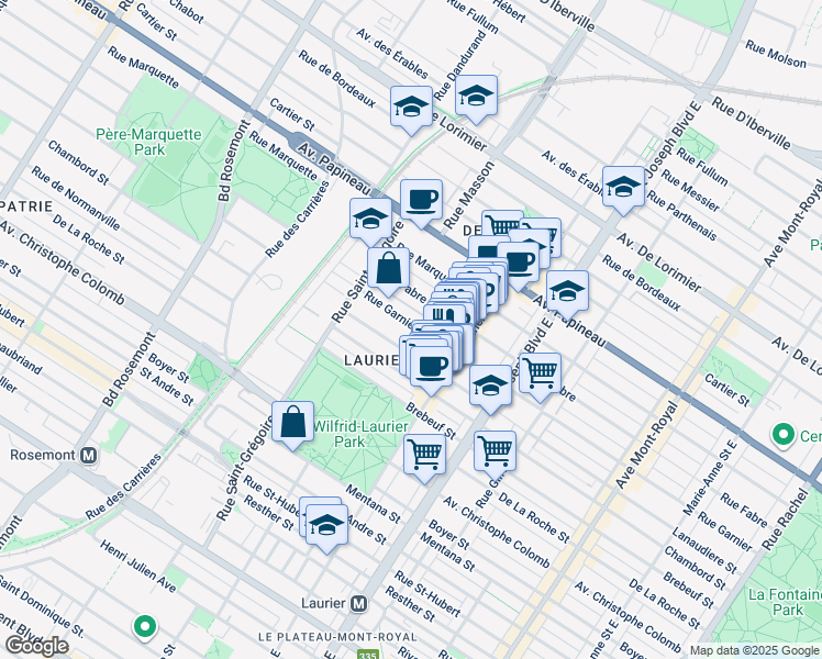 map of restaurants, bars, coffee shops, grocery stores, and more near 5228 Rue Garnier in Montréal