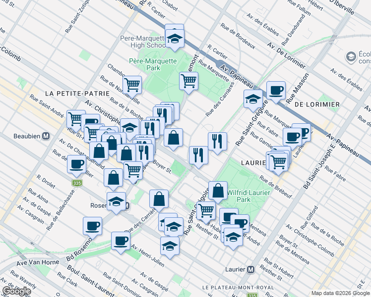 map of restaurants, bars, coffee shops, grocery stores, and more near 5620 Rue de la Roche in Montréal