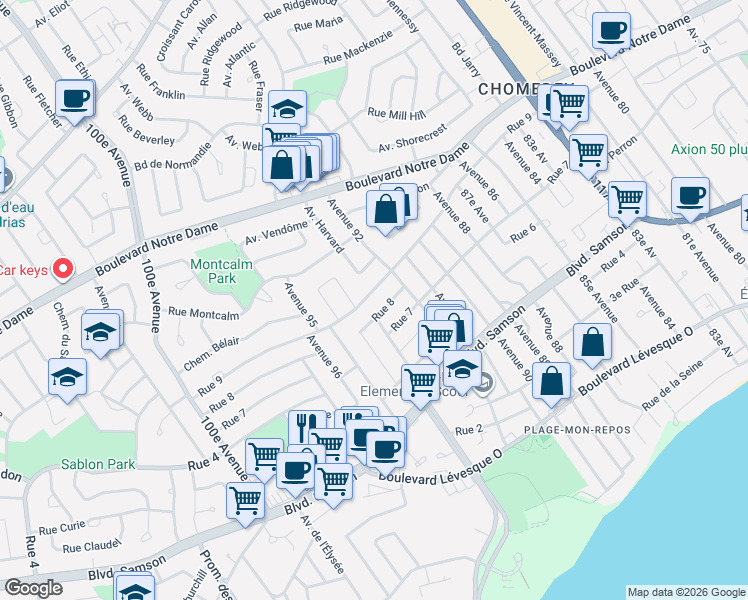 map of restaurants, bars, coffee shops, grocery stores, and more near 4342 9e Rue in Laval
