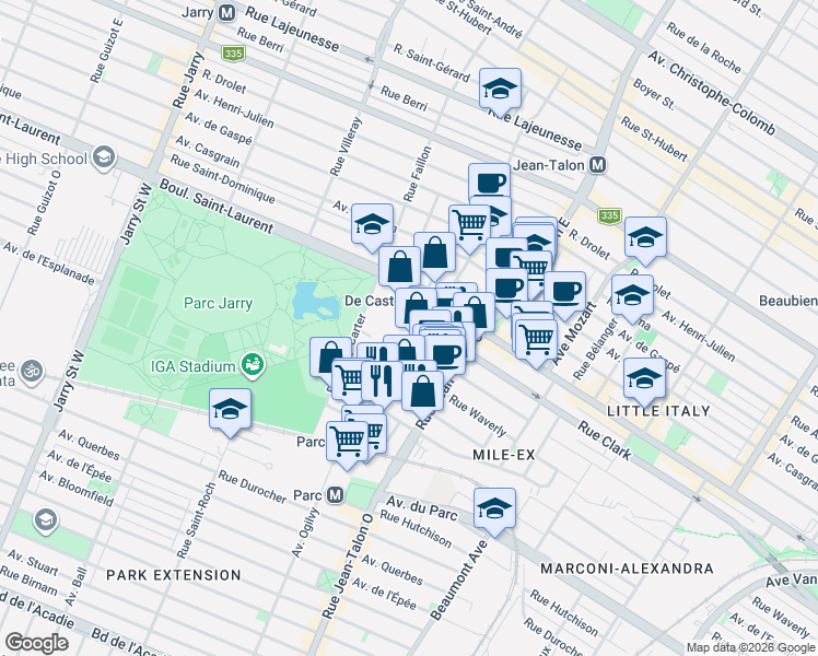 map of restaurants, bars, coffee shops, grocery stores, and more near 67 Rue de Castelnau Ouest in Montréal