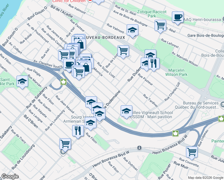 map of restaurants, bars, coffee shops, grocery stores, and more near 11773 Rue Joseph-Casavant in Montréal