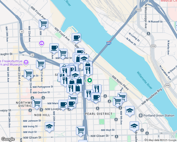 map of restaurants, bars, coffee shops, grocery stores, and more near 1450 Northwest Raleigh Street in Portland