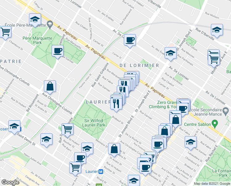 map of restaurants, bars, coffee shops, grocery stores, and more near 5193 Rue Garnier in Montréal