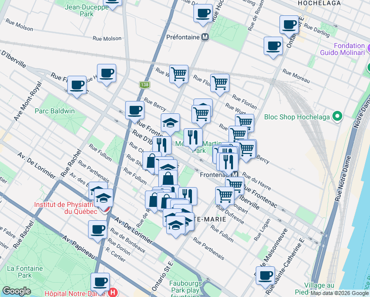 map of restaurants, bars, coffee shops, grocery stores, and more near 2287 Rue Frontenac in Montréal