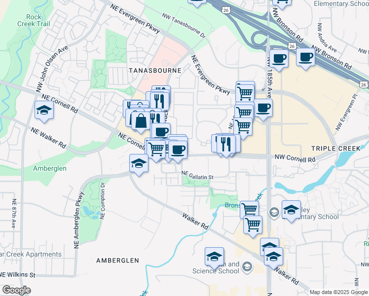 map of restaurants, bars, coffee shops, grocery stores, and more near 10205 Northeast Cornell Road in Hillsboro