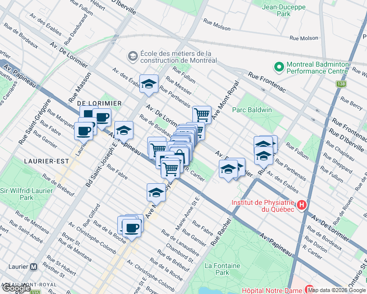 map of restaurants, bars, coffee shops, grocery stores, and more near 4522 Rue de Bordeaux in Montréal
